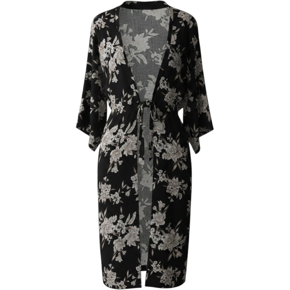 Spiritual Gangster Black White Floral Kimono Robe OS Tie Front Rayon Pockets